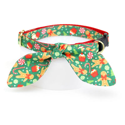 Cat Collar and Bunny Ear Bow Set - "Christmas Treats - Green" - Holiday Gingerbread Cat Collar w/ Matching Bunny Bow Tie / Cat, Kitten + Small Dog Sizes