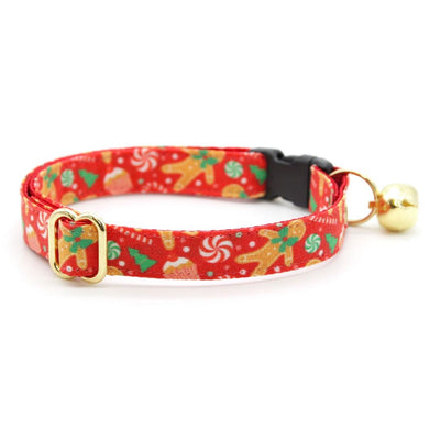 Cat Collar and Bunny Ear Bow Set - "Christmas Treats - Red" - Holiday Gingerbread Cat Collar w/ Matching Bunny Bow Tie / Cat, Kitten + Small Dog Sizes