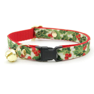 Cat Collar and Bunny Ear Bow Set - "Holiday Holly" - Green Garlands & Red Berries Cat Collar w/ Matching Bunny Bow Tie / Christmas / Cat, Kitten + Small Dog Sizes