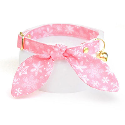 Cat Collar and Bunny Ear Bow Set - "Snowflakes - Sugar Pink" - Snow Pink Winter Cat Collar w/ Matching Bunny Bow Tie / Christmas Holiday / Cat, Kitten + Small Dog Sizes