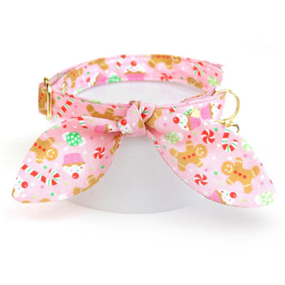 Cat Collar and Bunny Ear Bow Set - "Sugar & Spice" - Pink Candy Gingerbread Holiday Cat Collar w/ Matching Bunny Bow Tie / Christmas / Cat, Kitten + Small Dog Sizes