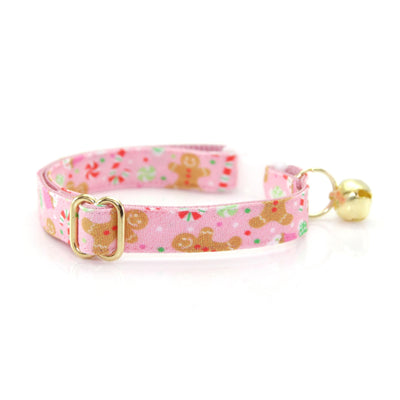 Cat Collar and Bunny Ear Bow Set - "Sugar & Spice" - Pink Candy Gingerbread Holiday Cat Collar w/ Matching Bunny Bow Tie / Christmas / Cat, Kitten + Small Dog Sizes