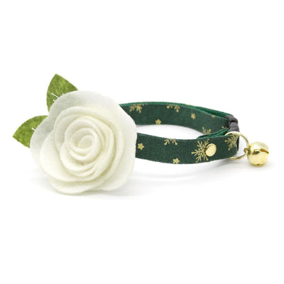 Cat Collar + Flower Set - "Juniper" - Green & Gold Snowflakes Cat Collar w/ Ivory Felt Flower (Detachable) / Cat, Kitten + Small Dog Sizes