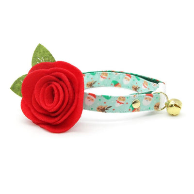 Cat Collar + Flower Set - "Dear Santa" - Christmas Elves, Reindeer & Santa Cat Collar w/ Scarlet Red Felt Flower (Detachable) / Cat, Kitten + Small Dog Sizes