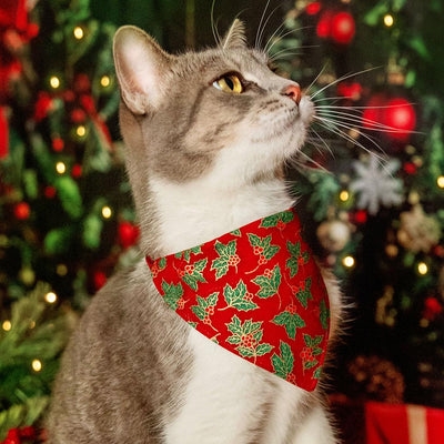 Holiday Cat Bandana - "Crimson Berry" - Christmas Red, Green & Gold Holly Bandana for Cat + Small Dog / Slide-On Over the Collar Bandana