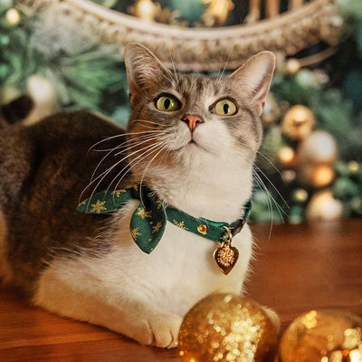 Cat Collar and Bunny Ear Bow Set - "Juniper" - Green & Gold Snowflake Cat Collar w/ Matching Bunny Bow Tie / Christmas, Holiday / Cat, Kitten + Small Dog Sizes