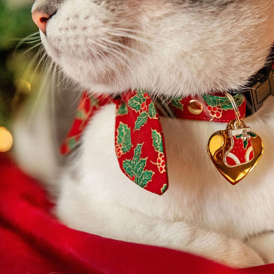 Cat Collar and Bunny Ear Bow Set - "Crimson Berry" - Red Holly Cat Collar w/ Matching Bunny Bow Tie / Christmas, Holiday / Cat, Kitten + Small Dog Sizes