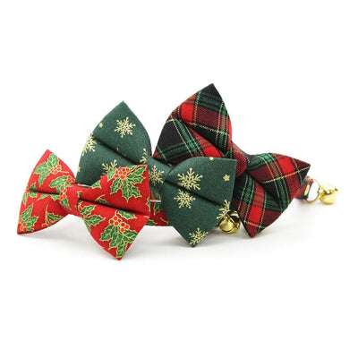 Bow Tie Cat Collar Set - "Juniper" - Green & Gold Snowflake Christmas Cat Collar with Bow Tie / Winter Holiday / Cat, Kitten, Small Dog Sizes