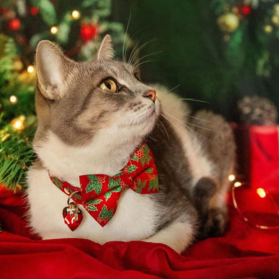 Bow Tie Cat Collar Set - "Crimson Berry" - Christmas Holiday Red Holly Cat Collar with Bow Tie / Cat, Kitten, Small Dog Sizes