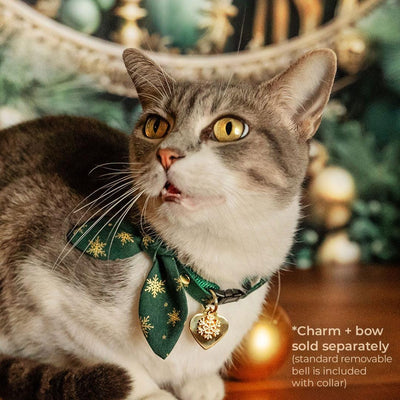 Holiday Cat Collar - "Juniper" - Green & Gold Snowflake Cat Collar / Christmas / Breakaway Buckle or Non-Breakaway / Cat, Kitten + Small Dog Sizes