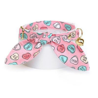 Cat Collar and Bunny Ear Bow Set - "Conversation Hearts - Pink" - Valentine's Day Candy Hearts Cat Collar w/ Matching Bunny Bow Tie / Tie-On Scarf / Cat, Kitten + Small Dog Sizes