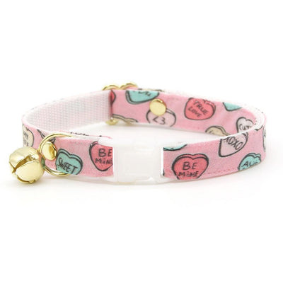 Cat Collar and Bunny Ear Bow Set - "Conversation Hearts - Pink" - Valentine's Day Candy Hearts Cat Collar w/ Matching Bunny Bow Tie / Tie-On Scarf / Cat, Kitten + Small Dog Sizes