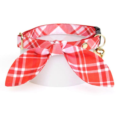 Cat Collar and Bunny Ear Bow Set - "Hot Date" - Pink & Red Plaid Cat Collar w/ Matching Bunny Bow Tie / Tie-On Scarf / Cat, Kitten + Small Dog Sizes