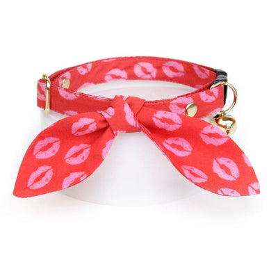 Cat Collar and Bunny Ear Bow Set - "Pucker Up" - Valentine's Day Red & Pink Lipstick Kiss Cat Collar w/ Matching Bunny Bow Tie / Tie-On Scarf / Cat, Kitten + Small Dog Sizes