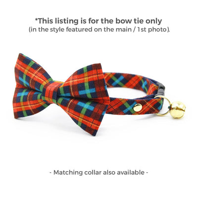 Cat Bow Tie - "Bonfire Blaze" -  Red, Blue & Green Plaid Bow Tie for Cat / Winter, Fall, Preppy / Cat + Small Dog Bowtie