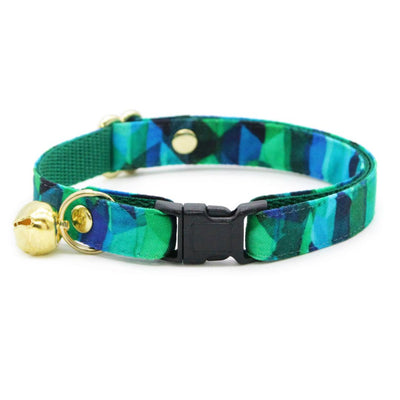 Cat Collar + Flower Set - "Geometric Forest" - Green, Blue & Teal Cat Collar w/ Mint Felt Flower (Detachable) / Cat, Kitten + Small Dog Sizes