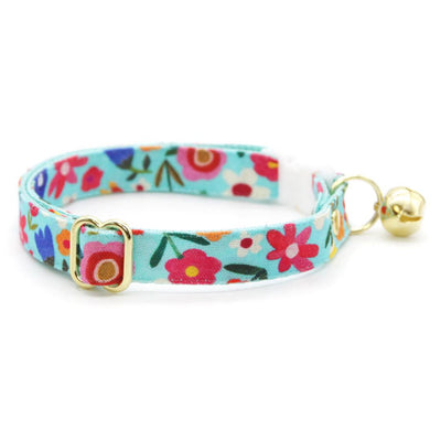 Cat Collar + Flower Set - "Morning Song" - Mint Floral Cat Collar w/ Fuchsia Felt Flower (Detachable) / Cat, Kitten + Small Dog Sizes