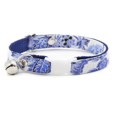 Cat Collar + Flower Set - "Porcelain Paisley" - Blue Floral Cat Collar w/ Sky Blue Felt Flower (Detachable) / Cat, Kitten + Small Dog Sizes