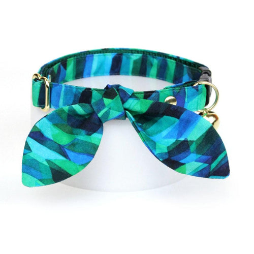 Cat Collar and Bunny Ear Bow Set - "Geometric Forest" - Green, Blue & Teal Cat Collar w/ Matching Bunny Bow Tie / Tie-On Scarf / Cat, Kitten + Small Dog Sizes