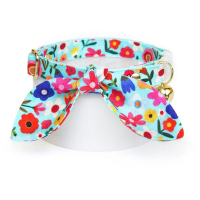 Cat Collar and Bunny Ear Bow Set - "Morning Song" - Mint Robin's Egg Blue Floral Cat Collar w/ Matching Bunny Bow Tie / Tie-On Scarf / Cat, Kitten + Small Dog Sizes