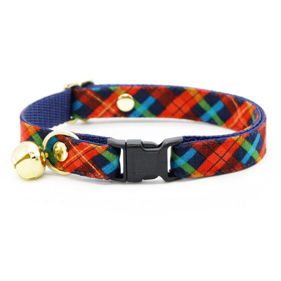 Cat Collar and Bunny Ear Bow Set - "Bonfire Blaze" - Red, Blue & Green Plaid Cat Collar w/ Matching Bunny Bow Tie / Tie-On Scarf / Cat, Kitten + Small Dog Sizes