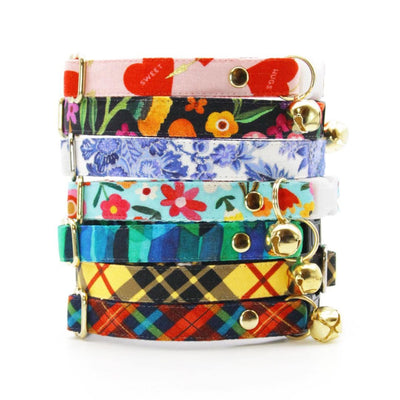 Cat Collar + Flower Set - "Bonfire Blaze" - Red, Blue & Green Plaid Cat Collar w/ Teal Felt Flower (Detachable) / Cat, Kitten + Small Dog Sizes