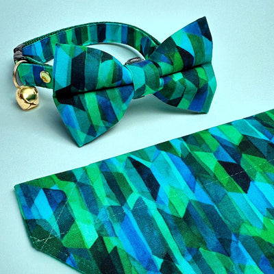 Cat Bow Tie - "Geometric Forest" -  Green & Teal Bow Tie for Cat / Cat + Small Dog Bowtie