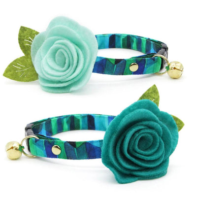 Cat Collar - "Geometric Forest" - Teal Blue & Green Cat Collar / Breakaway Buckle or Non-Breakaway / Cat, Kitten + Small Dog Sizes