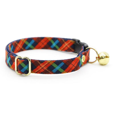 Bow Tie Cat Collar Set - "Bonfire Blaze" - Plaid Cat Collar with Bow Tie / Rust Red, Green & Blue / Cat, Kitten, Small Dog Sizes