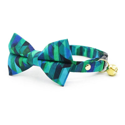 Bow Tie Cat Collar Set - "Geometric Forest" - Teal, Blue & Green Cat Collar with Bow Tie / Cat, Kitten, Small Dog Sizes