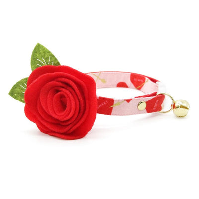 Valentine's Day Cat Collar + Flower Set - "Lovestruck" - Heart Cat Collar w/ Scarlet Red Felt Flower (Detachable) / Cat, Kitten + Small Dog Sizes