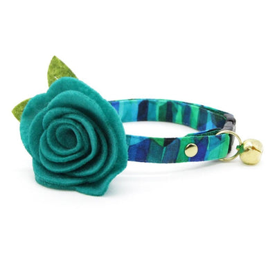 Cat Collar + Flower Set - "Geometric Forest" - Green, Blue & Teal Cat Collar w/ Teal Felt Flower (Detachable) / Cat, Kitten + Small Dog Sizes