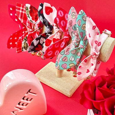 Cat Collar and Bunny Ear Bow Set - "Pucker Up" - Valentine's Day Red & Pink Lipstick Kiss Cat Collar w/ Matching Bunny Bow Tie / Tie-On Scarf / Cat, Kitten + Small Dog Sizes