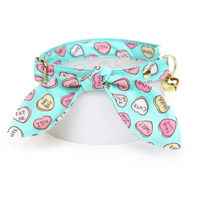 Cat Collar and Bunny Ear Bow Set - "Conversation Hearts - Mint" - Valentine's Day Candy Hearts Cat Collar w/ Matching Bunny Bow Tie / Tie-On Scarf / Cat, Kitten + Small Dog Sizes