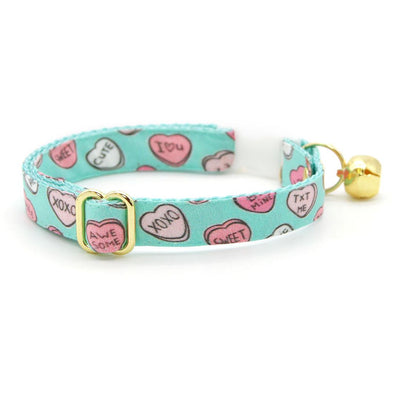 Cat Collar and Bunny Ear Bow Set - "Conversation Hearts - Mint" - Valentine's Day Candy Hearts Cat Collar w/ Matching Bunny Bow Tie / Tie-On Scarf / Cat, Kitten + Small Dog Sizes