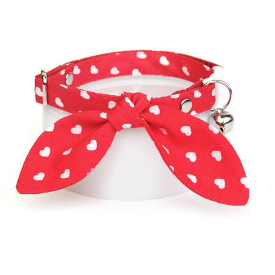 Cat Collar and Bunny Ear Bow Set - "Love Song" - Valentine's Day Red Heart Cat Collar w/ Matching Bunny Bow Tie / Tie-On Scarf / Cat, Kitten + Small Dog Sizes