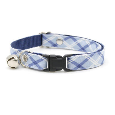 Cat Collar and Bunny Ear Bow Set - "Skye" - Blue Plaid Cat Collar w/ Matching Bunny Bow Tie / Tie-On Scarf / Cat, Kitten + Small Dog Sizes