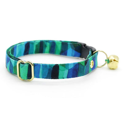 Cat Collar + Flower Set - "Geometric Forest" - Green, Blue & Teal Cat Collar w/ Teal Felt Flower (Detachable) / Cat, Kitten + Small Dog Sizes