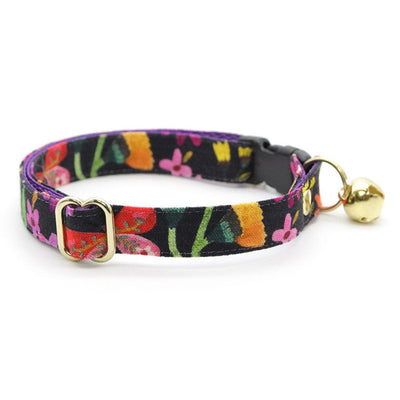 Cat Collar + Flower Set - "Midnight Garden" - Black Floral Cat Collar w/ Lavender Felt Flower (Detachable) / Cat, Kitten + Small Dog Sizes