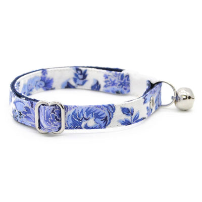 Cat Collar + Flower Set - "Porcelain Paisley" - Blue Floral Cat Collar w/ Sky Blue Felt Flower (Detachable) / Cat, Kitten + Small Dog Sizes