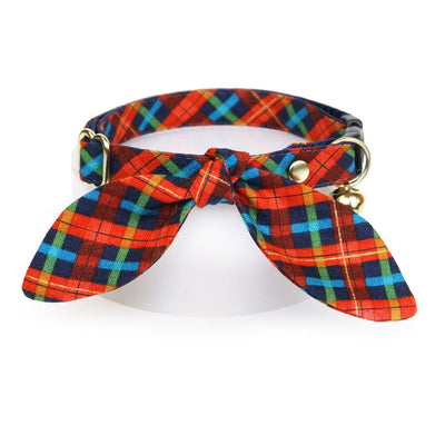 Cat Collar and Bunny Ear Bow Set - "Bonfire Blaze" - Red, Blue & Green Plaid Cat Collar w/ Matching Bunny Bow Tie / Tie-On Scarf / Cat, Kitten + Small Dog Sizes