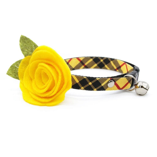 Cat Collar + Flower Set - "Iconic" - Yellow Macleod Tartan Plaid Cat Collar w/ Buttercup Yellow Felt Flower (Detachable) / Cat, Kitten + Small Dog Sizes