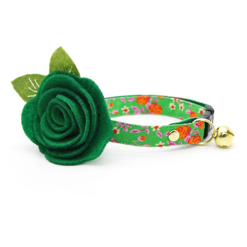 Cat Collar + Flower Set - "Avonlea" - Floral Green Cat Collar w/ Clover Felt Flower (Detachable) / Cat, Kitten + Small Dog Sizes
