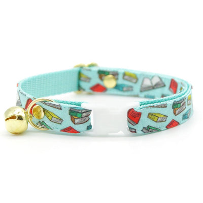 Bow Tie Cat Collar Set - "Book Lover - Blue" - Book Cat Collar with Bow Tie / Literary, School Teacher, Book Club, Reader Writer / Cat, Kitten, Small Dog Sizes