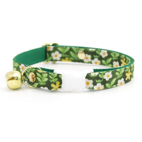 Cat Collar - "Hazel" - Green Floral Cat Collar / Breakaway Buckle or Non-Breakaway / Cat, Kitten + Small Dog Sizes