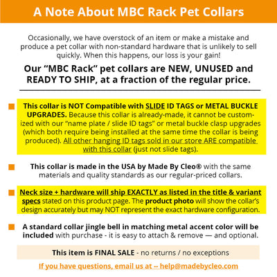 MBC Rack - (6-10 Inch) Pet Collar - "Uptown Girl" - (BLACK BREAKAWAY Clasp / GOLD Hardware Accents / Round Metal Split Ring) - Sold As Configured - Final SALE