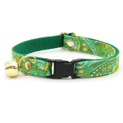 Cat Collar - "Oasis" - Paisley Green Cat Collar / Breakaway Buckle or Non-Breakaway / Cat, Kitten + Small Dog Sizes