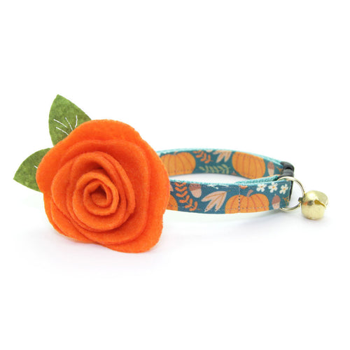 Fall Cat Collar + Flower Set - "Pumpkin Patch - Teal" - Harvest Fall Cat Collar w/ Pumpkin Orange Felt Flower (Detachable)