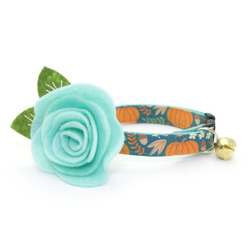 Cat Collar + Flower Set - "Pumpkin Patch - Teal" - Fall Harvest Cat Collar w/ Mint Felt Flower (Detachable)