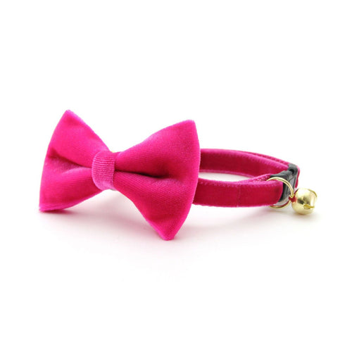 Bow Tie Cat Collar Set - "Velvet - Azalea" - Magenta Pink Velvet Cat Collar w/ Matching Bowtie (Removable) / Wedding